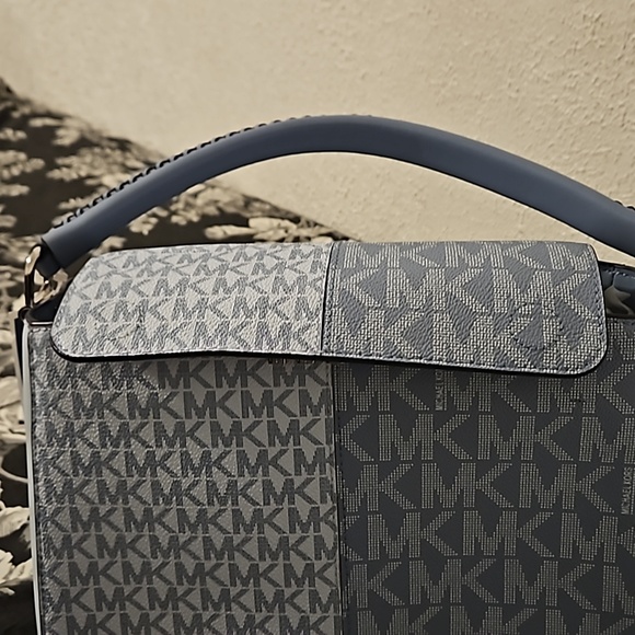 NWT Michael Kors Women's Two Tone Blue Grey Monogram Satchel Handbag - Picture 13 of 17